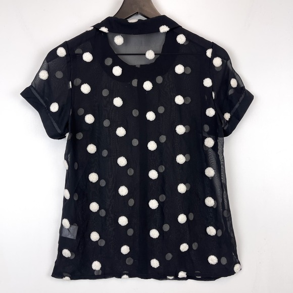 ModCloth (S) Polyester Sheer Textured Button Up Shirt Polka Dot Black - Picture 6 of 10